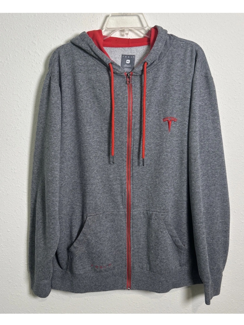 Tesla Authentic Full Zip Hoodie Men’s Size XL Gray Red Logo Sweatshirt Logo